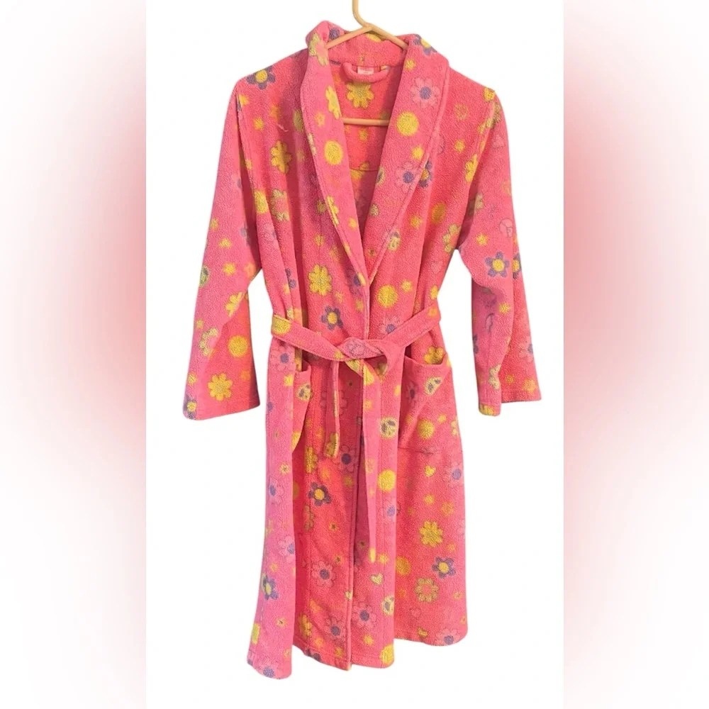 Girl's Ivy & Moon Vibrant Pink Peace Sign and Floral Print Sleepwear Robe